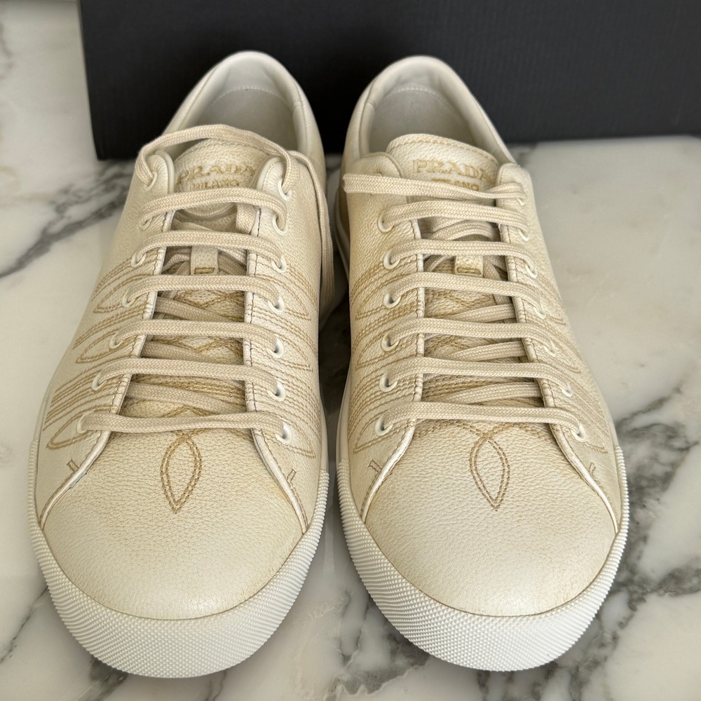 Prada Milano 2EE448 Mens White Pebbled Leather Low Top Sneakers, UK 10 - Picture 10 of 16